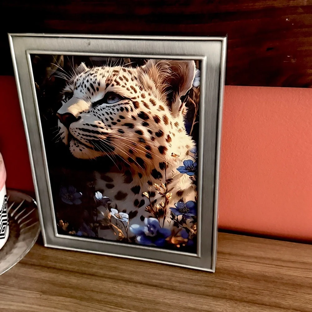 Leopard Blue Floral Animal Big Cat Canvas Art Print Silver Metal Framed Wall Art